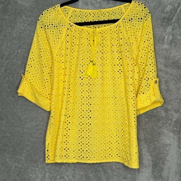 Ruby Rd XL Shirt Top Yellow Solid Eyelet Roll Tab Half Sleeve Keyhole Scoop Neck - Picture 1 of 6
